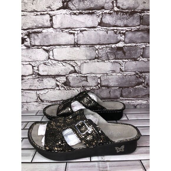 Alegria PEG 780 Black Silver Mosaic Leather Platform Slides Comfort Sandals 41EU - Picture 1 of 16